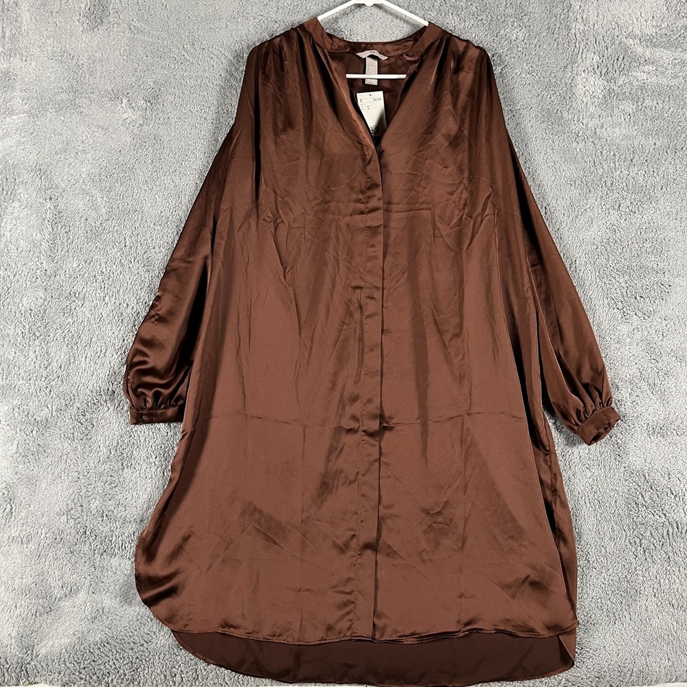 H&M Shirt Dress Womens XS Brown Satin Balloon Sleeve V-Neck Gathered Back Boho